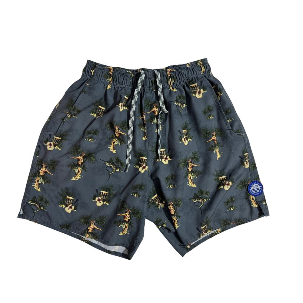 Aftco Mens Hawaiian Hula Girls Swim Trunks Blue Yellow Small